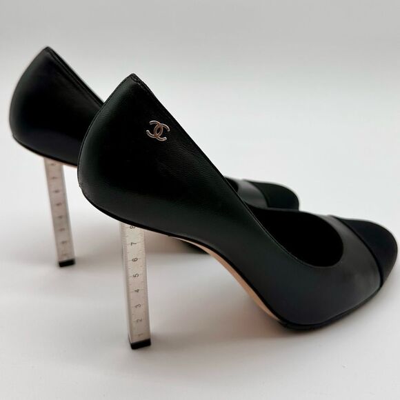 Chanel Collection Black Leather Satin Cap Toe Metal Ruler Heels Pumps EU37.5 US7 - Picture 7 of 12